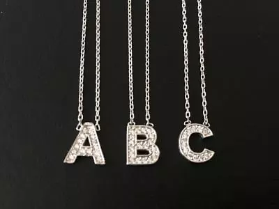 925 Sterling Silver Initial CZ Necklace Letter Pendant Charm 925 Sterling Chain • $19.99