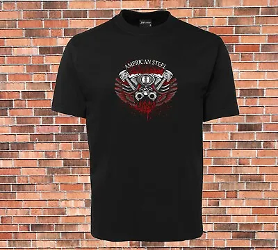 American Steel Black T-shirt Cool New Motorbike Design Sizes To 7XL • $22.99