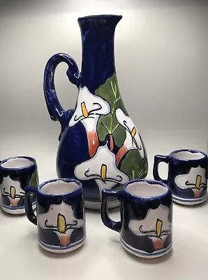 Mexican Talavera Calla Lily Pottery Mexico Pitcher With 4 Small Cups  • $35