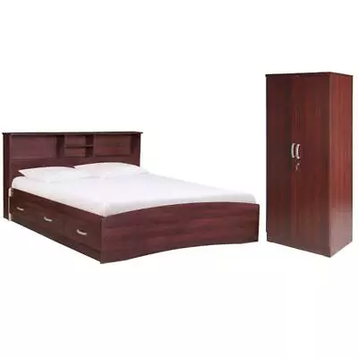 Home Square 2-Piece Set With Queen Bed And Armoire Wardrobe Cabinet In Mahogany • $767.56