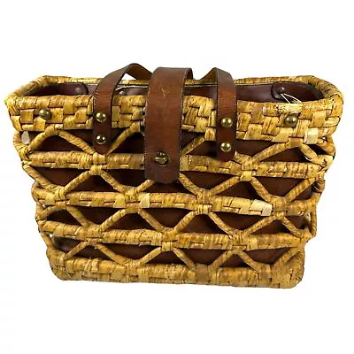 John Romain Vintage 1960s Woven Rattan Straw Leather Brass Tote Purse  • $149.95