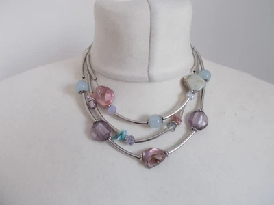 £7.85 • Buy Costume Jewellery Statement Necklace  Silver Tones Pink Blue Green Beaded M&S