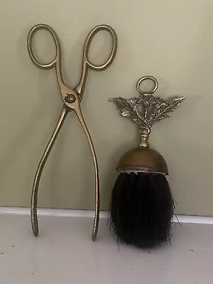 Vintage Set Of Solid Brass Fireplace Tongs And Brush Mid Century • $35