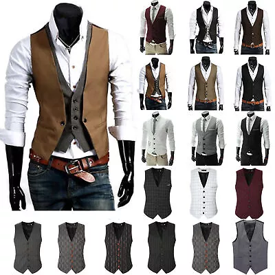 Men Formal Business Suit Vest Waistcoat Wedding Formal Work Jacket Coat Tops • £17.79