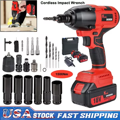 1500Nm Cordless Impact Wrench Gun 1/2'' Driver With 2 Battery & 6 Sockets + Case • $97.99