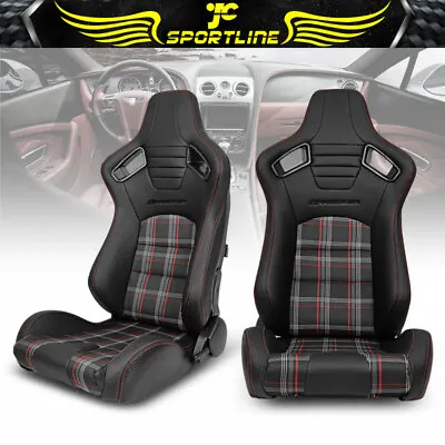 $369.99 • Buy Universal Pair Reclinable Racing Seats Dual Slider PU & Carbon Leather Red Plaid