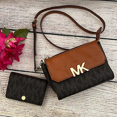 MK MICHAEL KORS Brown Gold Logo Flap Women's Small Crossbody Bag And Wallet • $49.99