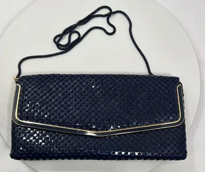 Vintage 70s Mesh Chain Clutch Bag Purse Handbag Gold Trim Navy Blue Hing King • $24.68