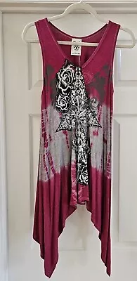 VOCAL Sun Dress Tunic Size L  Hot Pink And Black  Asymmetric Hem Rhinestone • $20