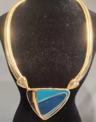 Vintage Trifari Modernist Gold Tone Two Tone Blue & Black Accent Enamel Necklace • $54.99