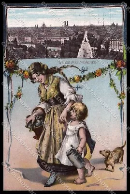 Deutschland Muenchen Lady Child Dachshund Dog Cartolina ZG9741 • $12