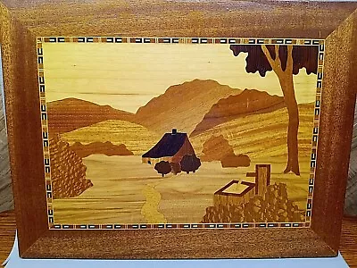 Vintage Wood Inlay Picture Artist Mountain Cabin John Dalton About 12x15  • $25