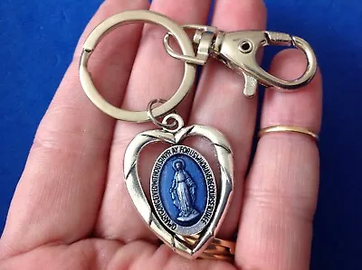 MIRACULOUS Heart Saint Medal KEYCHAIN KEY RING Blue Enamel Virgin Mary • $12.98