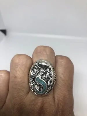 1980's Vintage Southwestern Silver Men's Turquoise Stone Inlay Mermaid 6 Ring • $55