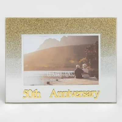 Celebrations Golden 50th Wedding Anniversary Gold Glitter Glass Photo Frame • £8.99