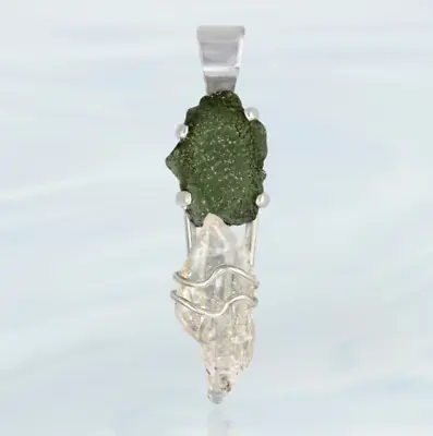 Natural Herkimer Diamond And Moldavite Raw Silver Pendant • $32.40