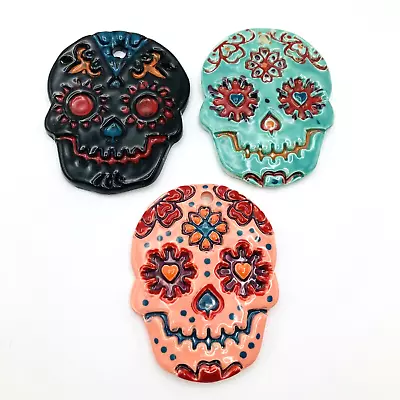 Lot Of 3 Ceramic Hand Painted Sugar Skull Ornaments • $10.95