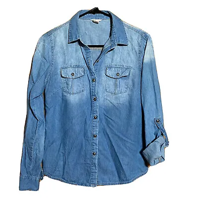 I LOVE H81 Chambray Button Down Blouse Roll Tab Sleeve Distressed Women's Sz Med • $10.50