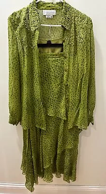 Vera Cristina Vintage Womens Skirt Sz10 TopM Set  Silk Green Print Long Sleeves • $55