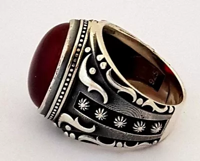 Solid Sterling 925 Silver Mens Turkish Jewelry Red Agate Men's Ring • $55.99