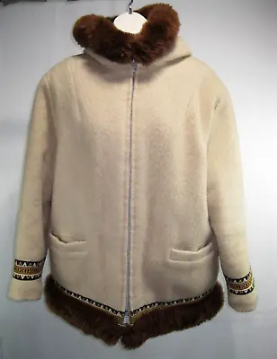 VINTAGE HUDSON BAY COMPANY Womens Hooded WOOL Coat / Parka Embroidered Fur Trim • $75.56