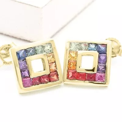 Rainbow Color Sapphire Stud Square Earrings Women's Princess 925 Sterling Silver • $128