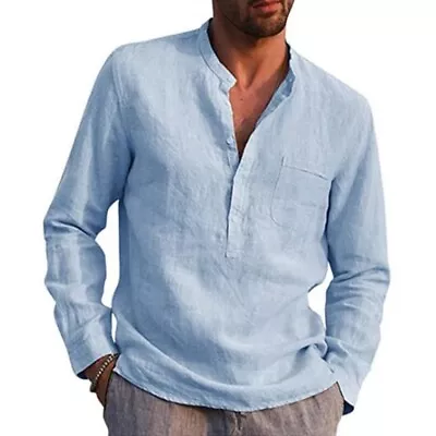 Mens Casual Cotton Linen Shirt Long Sleeve Loose Blouse Button Down Shirts Tops • $14.99