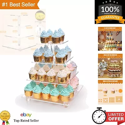 4 Tier Acrylic Cupcake Stand With Gold LED Lights - Extra Large Display Holder • $22.99
