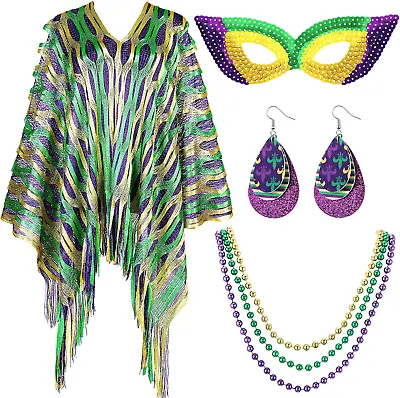 Mardi Gras Poncho Kimono Shawl Mardi Gras Masks Beads Earrings For Mardi Gras Pa • $33.99