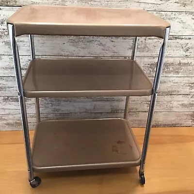 Vintage Cosco Metal Kitchen 3 Tier Rolling Cart MCM Copper Chrome No 12-103 • $149.95