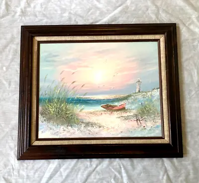 Vintage Lighthouse Seascape Oil Painting Original Nautical Beach Ocean Boat • $69.99