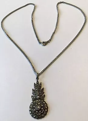 Vintage Art Deco Sterling Silver Marcasite Pendant Necklace • $16