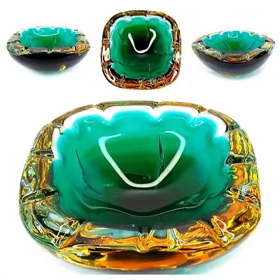 Murano Triple Sommerso Geode Art Glass Ashtray Bowl Amber Clear Aqua To Green • $160