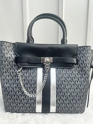 Michael Kors Hamilton Legacy Large Belted Satchel Black And Silver Handbag Women • $320