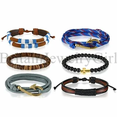 3-6PCS Set Anchor Nautical Cross Beaded Bangle Leather Bracelet For Men Women • $9.99