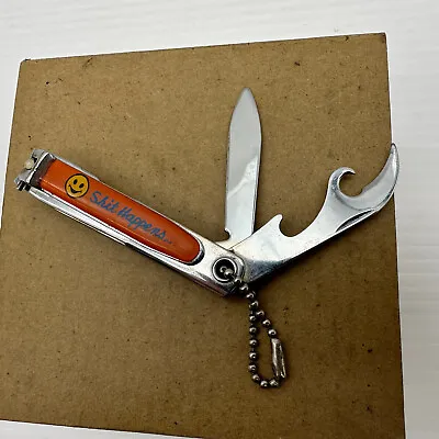 Vtg NAIL CLIPPER Enamel “Sh*t Happens”  Keychain Pocket KNIFE Bottle Opener Tool • $11.95