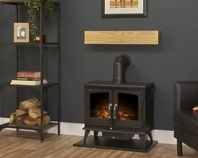 Black Electric Double Stove Fire Oak Beam Shelf Led Log Effect Freestanding Bnib • £399.99