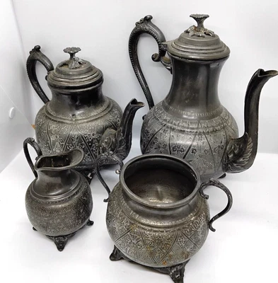 £19.99 • Buy Vintage Antique Victorian Tea Set Teapot Milk Jug Sugar Pot Silver Pewter