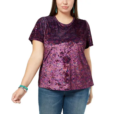 Lucky Brand Floral Printed Velvet Top Short Sleeve Back Key-Hole Purple Women M • $19.98