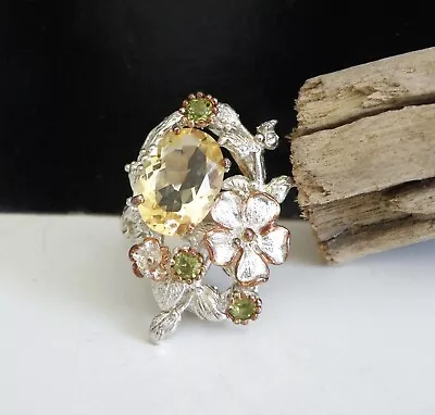 Huge Sterling Silver 925 Natural Citrine Peridot Brutalist Ring Size 8 • $69