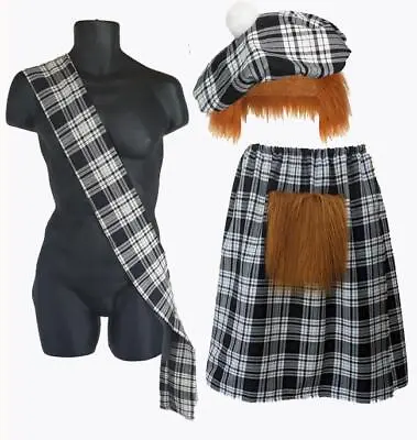 Adults Tartan Kilt Sash & Tam Hat Burns Night Scotsman Fancy Dress Costume • £22.95