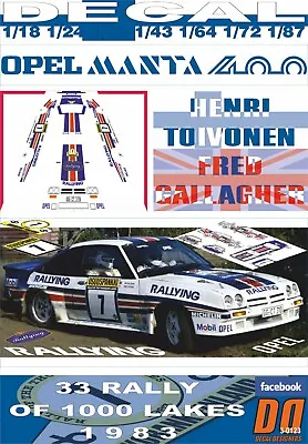 DECAL OPEL MANTA 400 ROTHMANS H.TOIVONEN 1000 LAKES R. 1983 DnF (08) • $23