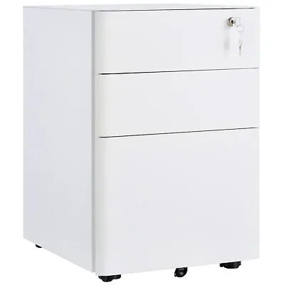 Vinsetto 3 Drawer Metal Filing Cabinet Lockable 5 Wheels Under Desk White • £89.99