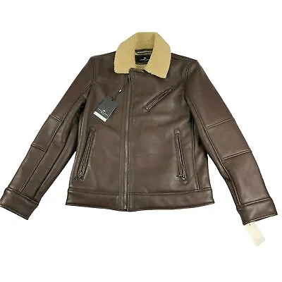 Andrew Marc New York Mens Maxton Asymmetrical Faux-Leather Moto Jacket Brown S • $71.08