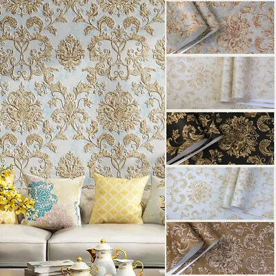 10M Vintage Luxury Gold Damask Wallpaper Deep Embossed Textured Non-woven Roll • £28.79