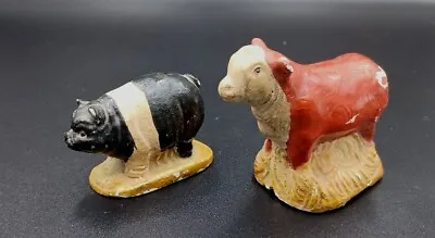 $16 • Buy 2 Vintage Dated 1952 2nd Grade Chalkware Mini Farm COW, PIG Carnival Fair Prize 