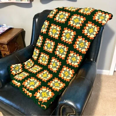 Vintage Granny Square Crochet Blanket Throw Size Retro Boho Home Decor Handmade • $59.99