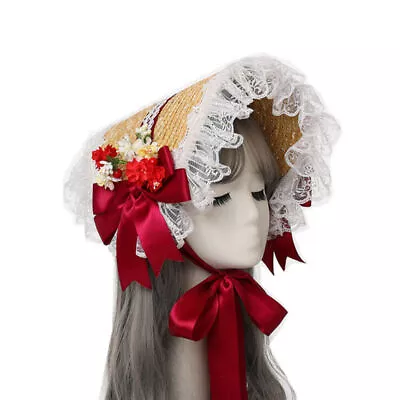 Lolita Girl's Straw Bonnet With Bowknot Cute Women's Straw Hat Tea Party Hat • $43.55