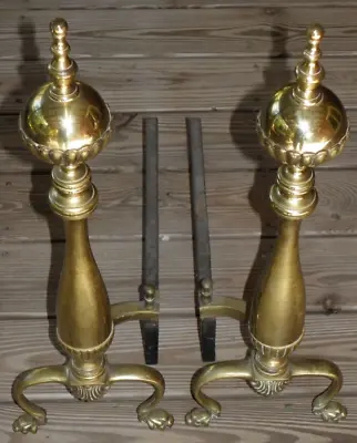 Vtg 26  Brass Andirons-Large Ball Top-Triple Finial-Claw Feet-Sheffield Mfg NYC • $89