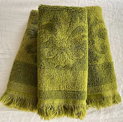 Set (3) Vintage Hand Towels- Avocado Green Fieldcrest MCM 11” X 17” W/ Fringe • $21